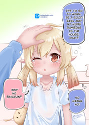 Rule 34 | 1boy, 1girl, absurdres, ahoge, alternate costume, blue shirt, brown eyes, collarbone, commentary, dodoco (genshin impact), english commentary, english text, engrish text, furamingo aato, genshin impact, hair between eyes, headpat, highres, klee (genshin impact), light brown hair, long hair, long sleeves, looking at viewer, low twintails, one eye closed, out of frame, parted lips, pillow, pointy ears, pov, ranguage, shirt, sidelocks, signature, tears, twintails, twitter username, waking up, white shirt