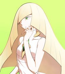 Rule 34 | 1girl, bare arms, blonde hair, breasts, closed mouth, collarbone, commentary request, creatures (company), diamond (shape), dress, game freak, gem, green background, green eyes, green gemstone, hair over one eye, hand up, highres, korean commentary, long hair, lusamine (pokemon), nintendo, nutkingcall, pokemon, pokemon sm, simple background, sleeveless, sleeveless dress, solo, white dress