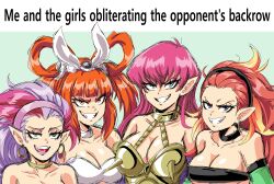 Rule 34 | 4girls, armor, bare shoulders, black eyes, black hairband, breasts, cleavage, commentary, duel monster, earrings, english commentary, english text, green eyes, grin, hair between eyes, hair rings, hairband, harpie channeler, harpie harpist, harpie lady, harpie lady 1, harpie perfumer, harpy, hoop earrings, jewelry, large breasts, lewdamone, long hair, looking at viewer, me and the boys (meme), meme, monster girl, multicolored hair, multiple girls, orange eyes, orange hair, pink hair, pink hairband, pointy ears, purple hair, purple lips, smile, spiked armor, teeth, twintails, two-tone hair, winged arms, wings, yu-gi-oh!