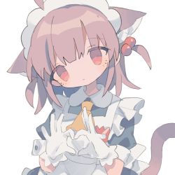 Rule 34 | 1girl, ahoge, animal ears, apron, ascot, black dress, cat ears, cat girl, cat tail, closed mouth, collared dress, daizu (melon-lemon), detached ahoge, dress, frilled apron, frills, gloves, hair bobbles, hair ornament, head tilt, heart, heart hands, looking at viewer, maid, maid apron, maid headdress, medium hair, name tag, no nose, original, pink eyes, pink hair, puffy short sleeves, puffy sleeves, short sleeves, simple background, solo, tail, two side up, upper body, white apron, white background, white gloves, yellow ascot