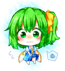 Rule 34 | 1girl, blue dress, blush, bow, chibi, curtsey, daiyousei, dress, embarrassed, eyebrows, eyes visible through hair, fairy wings, flying sweatdrops, full body, green eyes, green hair, hair bow, highres, light particles, looking at viewer, matching hair/eyes, short hair, side ponytail, simple background, solo, spoken squiggle, squiggle, totoharu (kujirai minato), touhou, wavy mouth, white background, wings