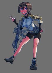 Rule 34 | 1girl, assault rifle, bike shorts, blue eyes, breasts, brown hair, erica (naze1940), full body, goggles, goggles on head, grin, gun, hair between eyes, highres, long hair, looking at viewer, original, ponytail, pouch, rifle, sleeves past wrists, smile, solo, weapon
