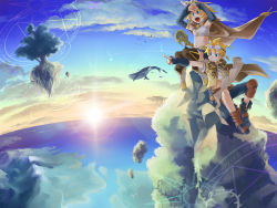 Rule 34 | 1boy, 1girl, bird, blonde hair, blue eyes, brother and sister, cape, cloud, detached sleeves, goggles, hair ribbon, highres, junji, kagamine len, kagamine rin, midriff, open mouth, ponytail, ribbon, short hair, siblings, sitting, skirt, sky, smile, staff, thighhighs, twins, vocaloid, whale