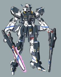 Rule 34 | absurdres, bad id, bad twitter id, blue eyes, grey background, gundam, highres, holding, holding sword, holding weapon, kuroba yotsuha, looking to the side, mecha, mobile suit, no humans, original, robot, science fiction, sketch, solo, standing, sword, v-fin, weapon