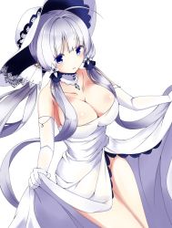 Rule 34 | 1girl, ahoge, arashiki mamizu, azur lane, bare shoulders, blue eyes, blush, breasts, cleavage, clothes lift, commentary request, detached collar, dutch angle, elbow gloves, gloves, hat, highres, illustrious (azur lane), large breasts, lifted by self, long hair, looking at viewer, mole, mole under eye, no panties, parted lips, purple hair, simple background, skirt, skirt lift, smile, solo, standing, sun hat, thighs, very long hair, white background, white gloves