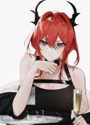 Rule 34 | 1girl, 3o c, arknights, bare shoulders, black choker, blush, champagne flute, choker, commentary, cup, drinking glass, grey background, hair between eyes, hair intakes, hand up, highres, holding, holding cup, horns, long hair, looking at viewer, off shoulder, purple eyes, red hair, simple background, solo, surtr (arknights), symbol-only commentary, upper body