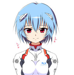 Rule 34 | 1girl, ayanami rei, bad id, bad pixiv id, blu-ray, blue hair, bodysuit, breasts, cleavage, clothes writing, medium breasts, neon genesis evangelion, plugsuit, pun, red eyes, short hair, solo, take (office-t)