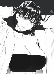 Rule 34 | 1girl, absurdres, arms behind head, arms up, artist name, black background, breasts, choker, cleavage, closed mouth, collarbone, commentary, earrings, fubuki (one-punch man), greyscale, hands up, highres, jewelry, large breasts, lips, long sleeves, looking at viewer, monochrome, mostlybluewyatt, one-punch man, open clothes, short hair, signature, simple background, smile, strapless, tube top, upper body