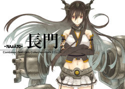 Rule 34 | 10s, 1girl, bare shoulders, brown hair, character name, copyright name, crossed arms, elbow gloves, expressionless, female focus, fingerless gloves, gloves, groin, hair between eyes, headgear, kantai collection, kotobuki-a, long hair, looking at viewer, machinery, midriff, nagato (kancolle), navel, personification, pleated skirt, red eyes, simple background, skirt, solo, standing, thigh gap, turret, uniform, white background