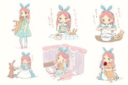 Rule 34 | 1girl, ;o, alicia (pop&#039;n music), animal bag, apron, bed, biting, blanket, blue bow, blue dress, blush stickers, bow, bowtie, candy, candy apple, canopy bed, clothes grab, cooking, cracking egg, cup, dress, eating, egg, eggshell, food, food on face, green eyes, hair bow, hairband, holding, holding food, holding spoon, holding stuffed toy, leoharju, long hair, looking at viewer, looking down, multiple views, on bed, one eye closed, pajamas, pantyhose, pillow, pink footwear, pink hair, playing, pop&#039;n music, print dress, pudding, reaching, rubbing eyes, saucer, shoes, short sleeves, simple background, sitting, spilling, spoon, standing, strangling, stuffed animal, stuffed rabbit, stuffed toy, tablecloth, tea, teacup, translation request, tube, under covers, white apron, white background, white pantyhose, yellow bow, yellow neckwear