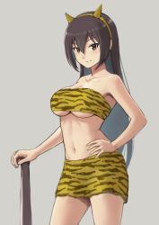 Rule 34 | 1girl, alternate costume, animal print, bandeau, black hair, breasts, fake horns, grey background, hair between eyes, hand on own hip, highres, holding, holding weapon, horns, kantai collection, long hair, looking at viewer, nagato (kancolle), oni costume, porupurucha, red eyes, setsubun, simple background, skirt, smile, solo, strapless, tiger print, tube top, very long hair, weapon