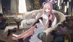 Rule 34 | 1girl, absurdres, bare shoulders, blue archive, dress, highres, indoors, jsscj, long hair, mika (blue archive), pink hair, shoes, sitting, sleeveless, sleeveless dress, smile, solo, unworn shoes, wings, yellow eyes