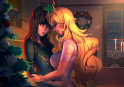 Rule 34 | 2girls, animal ears, bakki, black hair, blake belladonna, blonde hair, breasts, candle, candlestand, cat ears, christmas, christmas tree, christmas wreath, commentary, commission, eye contact, face-to-face, from side, hand on another&#039;s hip, indoors, lace, large breasts, lips, long hair, looking at another, mistletoe, multiple girls, print shirt, profile, purple eyes, rwby, seductive smile, shirt, short sleeves, smile, upper body, window, wreath, yang xiao long, yellow eyes, yuri