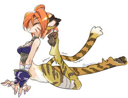 Rule 34 | 1girl, amiami, animal ears, breasts, breath of fire, breath of fire ii, bustier, cat ears, cat girl, cat tail, closed mouth, facial mark, fingerless gloves, full body, gloves, medium breasts, orange hair, pointy ears, rinpoo chuan, short hair, simple background, solo, stretching, tail, twitter username, white background