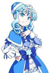 Rule 34 | 1girl, anbe masahiro, blue bow, blue capelet, blue dress, blue eyes, blue hair, blue hat, bow, capelet, closed mouth, commentary request, dress, drill hair, frilled sleeves, frills, fumi-chan (nhk), hair ornament, hand on own chest, hand on own hip, hat, head tilt, kanji, long sleeves, looking at viewer, medium dress, nhk (broadcaster), short hair, sidelocks, simple background, smile, solo, standing, twin drills, upper body, white background