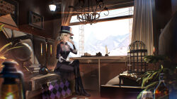 Rule 34 | 1girl, absurdres, ascot, birdcage, black coat, black jacket, black pants, blonde hair, book, book stack, booth seating, boots, bottle, cage, candle, candlestand, chandelier, chess piece, chessboard, coat, crossed legs, cup, curtains, fire, gem, globe, hair bun, hat, hidikan, high heel boots, high heels, highres, ink bottle, inkwell, jacket, lamp, looking at viewer, mountainous horizon, pants, picture frame, power lines, purple brooch, quill, reverse:1999, single side bun, sitting, solo, suitcase, teacup, top hat, transmission tower, vertin (reverse:1999), waistcoat, white ascot, wind, yellow eyes