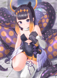 Rule 34 | 1girl, absurdres, ao-chan (ninomae ina&#039;nis), asymmetrical gloves, bare shoulders, black collar, black dress, black eyes, black gloves, black hair, blunt bangs, book, collar, cutout above navel, detached sleeves, dress, elbow gloves, flat chest, full body, fur-trimmed collar, fur trim, gloves, gradient hair, grimoire, halo, headpiece, highres, holding, holding book, hololive, hololive english, long hair, looking at viewer, low wings, mole, mole under eye, multicolored hair, naka g, ninomae ina&#039;nis, ninomae ina&#039;nis (1st costume), orange hair, pointy ears, short dress, sidelocks, single detached sleeve, single elbow glove, single thighhigh, smile, solo, squatting, strapless, strapless dress, tentacle hair, tentacles, thighhighs, tube dress, uneven gloves, very long hair, virtual youtuber, white thighhighs, wings
