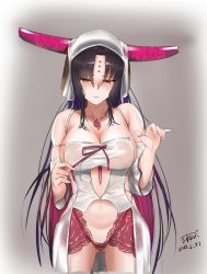Rule 34 | 10s, 1girl, bare shoulders, black hair, blush, breasts, cleavage, collarbone, cowboy shot, detached sleeves, facial mark, fate/extra, fate/extra ccc, fate (series), forehead mark, gluteal fold, highres, horns, large breasts, long hair, looking at viewer, navel, parted lips, revealing clothes, sessyoin kiara, smile, solo, stomach, sunebu (snake boo2), veil, very long hair, wet, wet clothes, yellow eyes