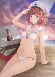 Rule 34 | 10s, 1girl, anchor, beach, bikini, blush, bottle, breasts, brown eyes, brown hair, cooler, hat, highres, kantai collection, looking at viewer, maosame, navel, sailor bikini, sailor collar, sailor hat, salute, shore, short hair, sitting, small breasts, smile, solo, swimsuit, white bikini, white hat, z3 max schultz (kancolle)