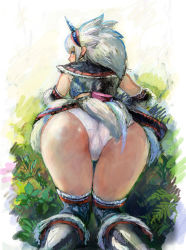 Rule 34 | 1girl, ass, bent over, blue eyes, blush, capcom, elbow gloves, from behind, gloves, hairband, horns, kirin (armor), kneeling, looking back, marmelo, monster hunter (series), panties, single horn, solo, thighhighs, underwear, white hair, white panties