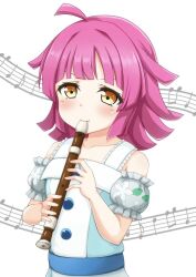 Rule 34 | 1girl, ahoge, blue dress, blunt bangs, blunt ends, blush, buttons, collarbone, commentary request, detached sleeves, dress, floral print, flute, hands up, instrument, kinnikku, looking afar, love live!, love live! nijigasaki high school idol club, musical note background, pink hair, playing flute, puffy cheeks, puffy detached sleeves, puffy sleeves, short hair, solo, tennoji rina, upper body, v-shaped eyebrows, white background, yellow eyes