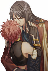 Rule 34 | 2boys, age difference, alexander (fate), bishounen, braid, brown hair, closed eyes, fate/grand order, fate (series), fingerless gloves, gloves, hair between eyes, height difference, highres, kiss, lalatia-meai, long coat, long hair, lord el-melloi ii, male focus, multiple boys, red hair, single braid, stole, waver velvet, white background, yaoi