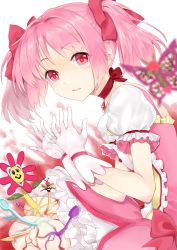 Rule 34 | 10s, 1girl, bad id, bad pixiv id, blurry, bug, butterfly, choker, depth of field, flower, gloves, harunoibuki, insect, kaname madoka, mahou shoujo madoka magica, mahou shoujo madoka magica (anime), pink eyes, pink hair, puffy sleeves, short twintails, solo, tears, twintails