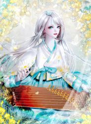 Rule 34 | aqua bow, aqua eyes, bow, bug, butterfly, flower, hanbok, highres, insect, instrument, korean clothes, leaf, lens flare, long hair, long sleeves, music, petals, playing instrument, solo, sparkle, swept bangs, twintails, watermark, white butterfly, yellow flower, zither