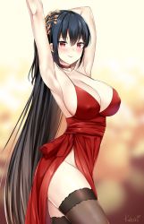 Rule 34 | 1girl, arm behind head, arm up, armpits, azur lane, bare shoulders, black hair, black thighhighs, blurry, blush, breasts, choker, cleavage, closed mouth, collarbone, covered erect nipples, depth of field, dress, hair between eyes, hair ornament, highres, kaetzchen, large breasts, long hair, looking at viewer, official alternate costume, pelvic curtain, red choker, red dress, red eyes, signature, smile, solo, standing, taihou (azur lane), taihou (forbidden feast) (azur lane), thighhighs, very long hair