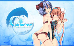 Rule 34 | 2girls, :o, ahoge, artist name, ass, bikini, blue hair, blunt bangs, blush, bow, breasts, brown bow, china dress, chinese clothes, dille blood, dlsite.com, double bun, dress, elle sweet, hair bow, hair bun, hairband, highres, looking at viewer, looking back, medium breasts, multiple girls, open mouth, red bikini, refeia, sideboob, sidelocks, small breasts, swimsuit, teeth, thigh strap, thighs, twintails, wallpaper, watermark, web address, wristband