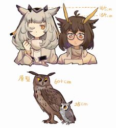 Rule 34 | 2girls, animal, animalization, antenna hair, arknights, bird, brown hair, cup, feather hair, foresart, height difference, highres, holding, holding cup, jacket, medium hair, multiple girls, one eye closed, open clothes, open jacket, orange eyes, owl, owl ears, ptilopsis (arknights), shirt, short hair, silence (arknights), simple background, upper body, white background, white hair, white jacket, white shirt