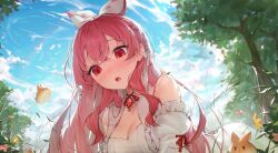 Rule 34 | 1girl, bare shoulders, blue sky, blush, braid, breasts, cleavage, commentary, day, detached sleeves, dress, flower, hair between eyes, hair ribbon, highres, indie virtual youtuber, jewelry, large breasts, long hair, looking at viewer, monosucre, open mouth, outdoors, pendant, pink flower, pink hair, pinku (vtuber), rabbit, red eyes, red ribbon, ribbon, sidelocks, single braid, sky, sleeveless, sleeveless dress, solo, symbol-only commentary, teeth, tongue, tree, upper teeth only, virtual youtuber, white dress, white ribbon, white sleeves, yellow flower