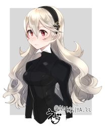 Rule 34 | 1girl, black hairband, closed mouth, corrin (female) (fire emblem), corrin (fire emblem), fire emblem, fire emblem fates, grey background, hairband, long hair, long sleeves, negiwo, nintendo, pointy ears, red eyes, simple background, solo, twitter username, upper body, white hair