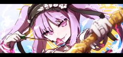 Rule 34 | 1girl, :p, absurdres, arrow (projectile), bad id, bad twitter id, black hairband, blurry, blurry foreground, bow (weapon), bridal gauntlets, closed mouth, commentary request, depth of field, euryale (fate), fate/hollow ataraxia, fate (series), flower, frilled hairband, frills, hairband, head tilt, heart, heart arrow, highres, holding, holding arrow, holding bow (weapon), holding weapon, jewelry, letterboxed, looking at viewer, parted bangs, pink eyes, protected link, purple hair, rose, sketch, smile, solo, tongue, tongue out, wada kazu, weapon, white flower, white rose