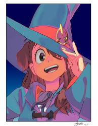 Rule 34 | 1girl, absurdres, black background, black neckwear, border, brown eyes, brown hair, collared shirt, dated, hair over one eye, hand on headwear, hat, hat ribbon, highres, kagari atsuko, little witch academia, looking at viewer, luna nova school uniform, open mouth, portrait, ribbon, ryusei hashida, school uniform, shirt, signature, smile, solo, white border, witch, witch hat