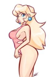 Rule 34 | awd!, blonde hair, blue eyes, long hair, looking at viewer, mario (series), nintendo, one-piece swimsuit, princess peach, solo, super mario bros. 1, swimsuit, white background