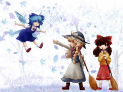 Rule 34 | 3girls, ;p, ankle socks, apron, black eyes, blonde hair, blue hair, boots, bow, braid, broom, brown hair, cirno, clenched teeth, closed eyes, dress, facing away, flying, gonnsuke, gradient background, hair bow, hair tubes, hakurei reimu, hat, hat ribbon, ice, ice wings, kirisame marisa, leaf, legs apart, long sleeves, looking at another, maple leaf, multiple girls, one eye closed, outstretched arms, pointing, ribbon, scarf, short hair, short sleeves, sideways glance, single braid, skirt, skirt set, socks, spread arms, sweater, teeth, tongue, tongue out, touhou, tree, waist apron, wings, wink, witch hat