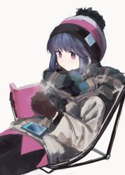 Rule 34 | 1girl, absurdres, beanie, blue hair, book, brown gloves, cellphone, gloves, hat, highres, holding, holding book, maegami (daisuki oekaki1), phone, purple eyes, reading, scarf, shima rin, simple background, sitting, smartphone, solo, sweater, white background, winter clothes, yurucamp