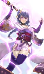 Rule 34 | 1girl, absurdres, braid, breasts, bridal gauntlets, cleavage, coattails, commentary request, electricity, eyeliner, flower, genshin impact, hair ornament, highres, holding, holding sword, holding weapon, japanese clothes, keisuke desu~, kimono, large breasts, long hair, long sleeves, looking at viewer, makeup, mitsudomoe (shape), mole, mole under eye, open mouth, purple eyes, purple flower, purple hair, raiden shogun, ribbon, sash, solo, sword, tassel, thighhighs, thighs, tomoe (symbol), vision (genshin impact), weapon, wide sleeves