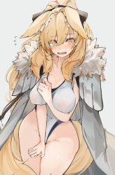 Rule 34 | 1girl, animal ear fluff, animal ears, arknights, blemishine (arknights), blonde hair, blush, breasts, breasts apart, coat, coat on shoulders, collarbone, competition swimsuit, cosplay, covered erect nipples, covered navel, covering privates, covering crotch, cowboy shot, ears down, embarrassed, female pubic hair, fur collar, grey coat, groin, hair between eyes, hair ornament, hand on breast, highres, horse ears, horse girl, horse tail, large breasts, long coat, long hair, looking at viewer, mikozin, nearl (arknights), nearl (shimmering dew) (arknights), official alternate costume, one-piece swimsuit, open mouth, orange eyes, pubic hair, pubic hair peek, sidelocks, simple background, skin tight, sleeveless, solo, standing, sweat, swimsuit, tail, thighs, white background