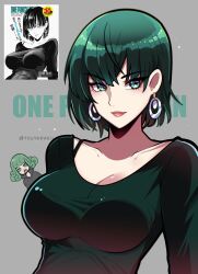 Rule 34 | 2girls, artist name, breasts, closed mouth, collarbone, commentary, copyright name, dangle earrings, earrings, english commentary, eyelashes, fubuki (one-punch man), green eyes, green hair, grey background, highres, jewelry, large breasts, multiple girls, one-punch man, pink lips, reference inset, short hair, simple background, smile, tatsumaki, taut clothes, touyarokii, twitter username, upper body