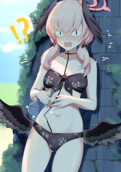 Rule 34 | !?, &lt;|&gt; &lt;|&gt;, 1girl, absurdres, bare shoulders, bikini, black bikini, black wings, blue archive, blue sky, blush, bow, breasts, brick wall, collarbone, feathered wings, hair bow, halo, head wings, highres, koharu (blue archive), koharu (swimsuit) (blue archive), long hair, looking at viewer, low twintails, low wings, open mouth, oxygen mask (oxygenmask233), pink hair, sky, small breasts, solo, spaghetti strap, swimsuit, thighs, twintails, wings