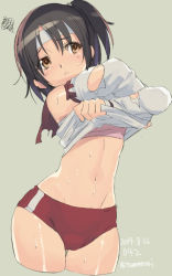 Rule 34 | 10s, 1girl, :&lt;, black hair, bra, breasts, brown eyes, buruma, cameltoe, clothes lift, cropped legs, dated, detached sleeves, gym uniform, headband, kantai collection, midriff, nagara (kancolle), natsuhiko, navel, pink bra, shiny skin, shirt lift, side ponytail, simple background, small breasts, solo, sweat, sweatdrop, twitter username, underwear, wide hips