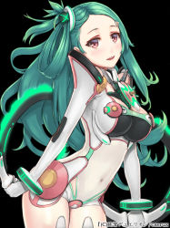 Rule 34 | 1girl, black background, blush, bodysuit, breasts, copyright name, female focus, green hair, holding, junketsu duelion, kanzaki mahiru, long hair, looking at viewer, mana (remana), mecha musume, navel, official art, open mouth, red eyes, simple background, smile, solo, text focus, translated, weapon