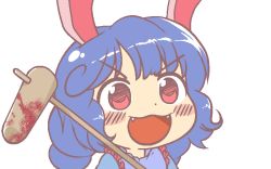 Rule 34 | 1girl, ambiguous red liquid, animal ears, blood, blood stain, blue hair, dot nose, dress, fangs, gyate gyate, ikiyouz, kine, mallet, open mouth, over shoulder, ponytail, portrait, rabbit ears, red eyes, seiran (touhou), short hair, smile, solo, stain, touhou, transparent background, v-shaped eyebrows, weapon, weapon over shoulder