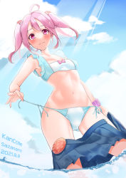 Rule 34 | 1girl, absurdres, badge, bikini, blue bikini, blue skirt, blue sky, character name, cloud, commentary request, contrapposto, cowboy shot, dated, day, from behind, hair bobbles, hair ornament, highres, kantai collection, light rays, outdoors, pink eyes, pink hair, pleated skirt, sazanami (kancolle), short hair, side-tie bikini bottom, skirt, unworn skirt, sky, soaking feet, solo, standing, sunbeam, sunlight, swimsuit, twintails, untied bikini, wading, water, yoshiki (bpmaxm)