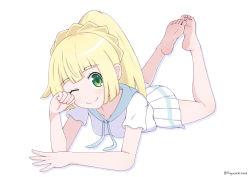 Rule 34 | 1girl, ;), arm support, barefoot, blonde hair, blunt bangs, blush, braid, closed mouth, collarbone, commentary request, creatures (company), dot nose, eyelashes, feet up, female focus, fingernails, french braid, full body, game freak, green eyes, high ponytail, highres, knees apart feet together, lillie (pokemon), long hair, looking at viewer, lying, miniskirt, nintendo, on stomach, one eye closed, pleated skirt, pokemon, pokemon sm, shirt, short sleeves, simple background, skirt, smile, soles, solo, spread legs, the pose, toes, white background, white shirt, white skirt, yashi (hayashiki0404)