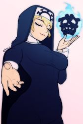 Rule 34 | 1girl, blonde hair, breasts, covered navel, double (skullgirls), closed eyes, groin, habit, highres, large breasts, nun, outstretched hand, pata n, pink background, see-through, skull heart, skullgirls, smile, solo