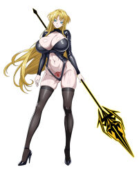 Rule 34 | 1girl, aged up, black thighhighs, blonde hair, blue eyes, breasts, energy spear, high heels, high school dxd, highres, holding, holding polearm, holding weapon, large breasts, long hair, mittelt, polearm, slit pupils, smile, stomach tattoo, tattoo, thighhighs, very long hair, weapon, yxyyxy