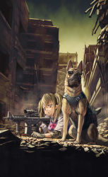 Rule 34 | 1girl, assault rifle, bipod, blonde hair, bow, bowtie, brown eyes, building, city, dog, elbow pads, foregrip, german shepherd, gloves, gun, highres, hironii (hirofactory), knee pads, load bearing vest, lying, m4 carbine, military, on stomach, open mouth, original, reflection, rifle, rubble, school uniform, sky, sunglasses, twintails, vest, war, weapon